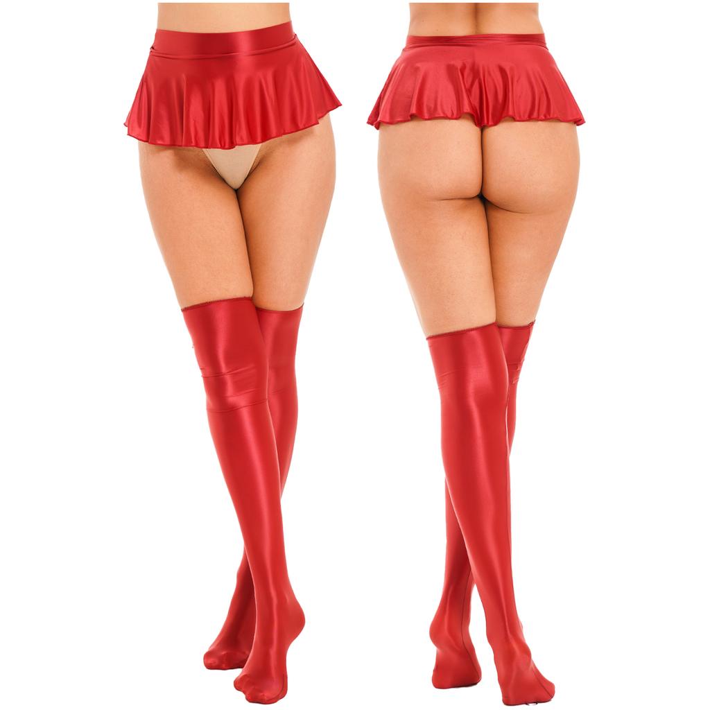 Womens Glossy Ruffled Miniskirt Pool Party Beach Bikini Bottoms Cover Ups with Thigh High Stockings