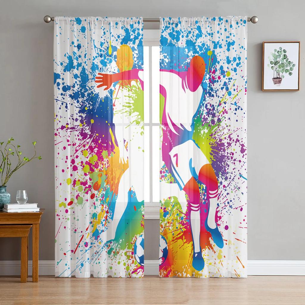 Colorful Football Paint Art Soccer Tulle Sheer Drapes ideal for Living Room Decor Window Opening Drape ideal for Bedroom Voile Organza Curtains