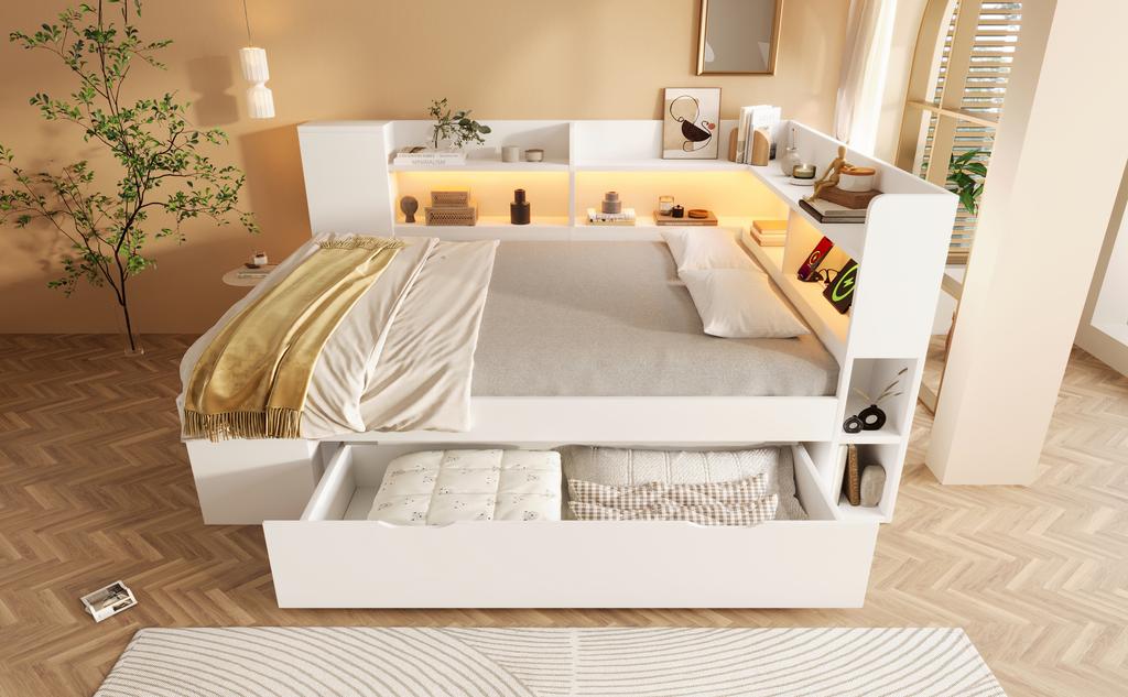 Daybed 140x200 cm White Double Guest Bed, Wood-Based, LED Lighting, USB & Type-C Charging, Shelves & Drawers, incl. Slatted Frame (With Mattress)