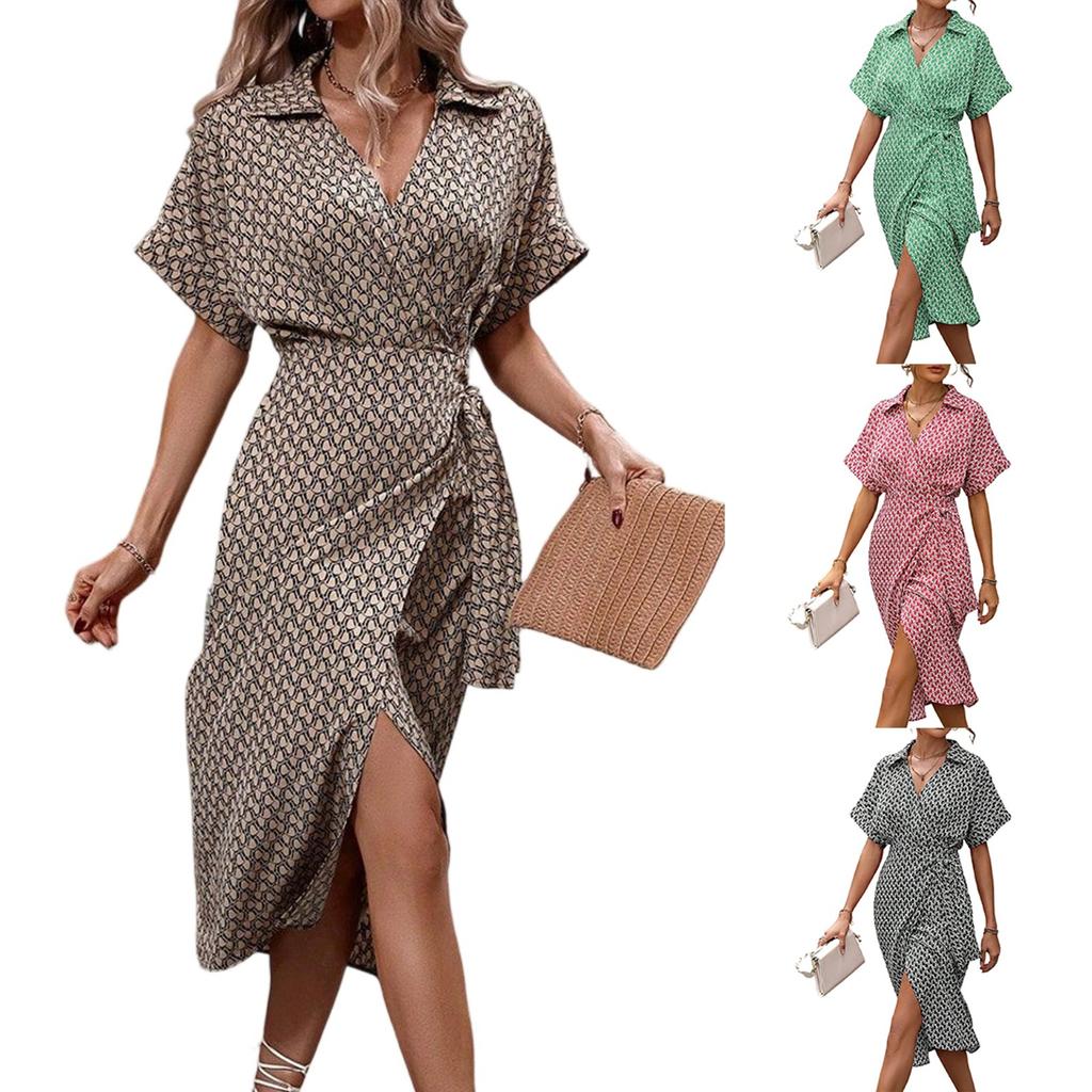 Женское летнее длинное платье с принтом, повседневное и модное, с поясом, V-образным вырезом и короткими рукавами, удобное платье