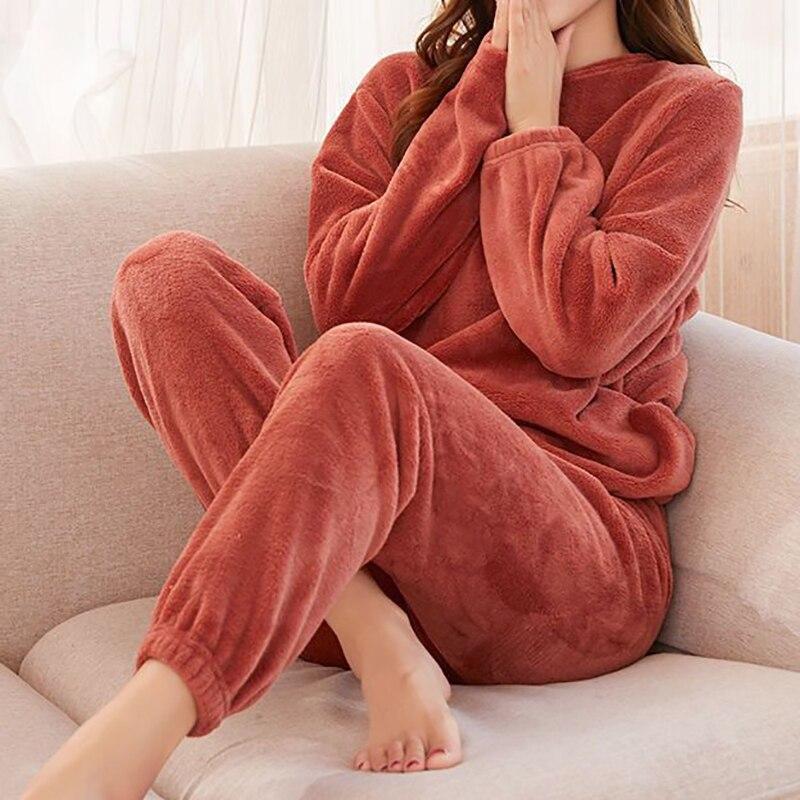 Women Velvet Pajama Set Loose Top And Elastic Waist Pants Home Casual Warm Woolen Suit Women Fleece Sets Winter 2023