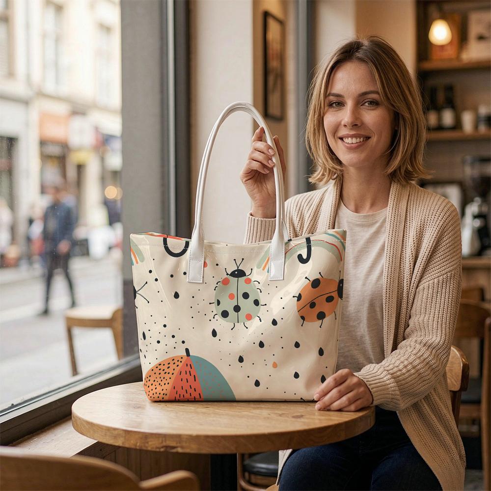 Cute Ladybug Print Tote Bag Daily Use Casual Portable Trendy Shoulder Handbag for Outdoor Shopping
