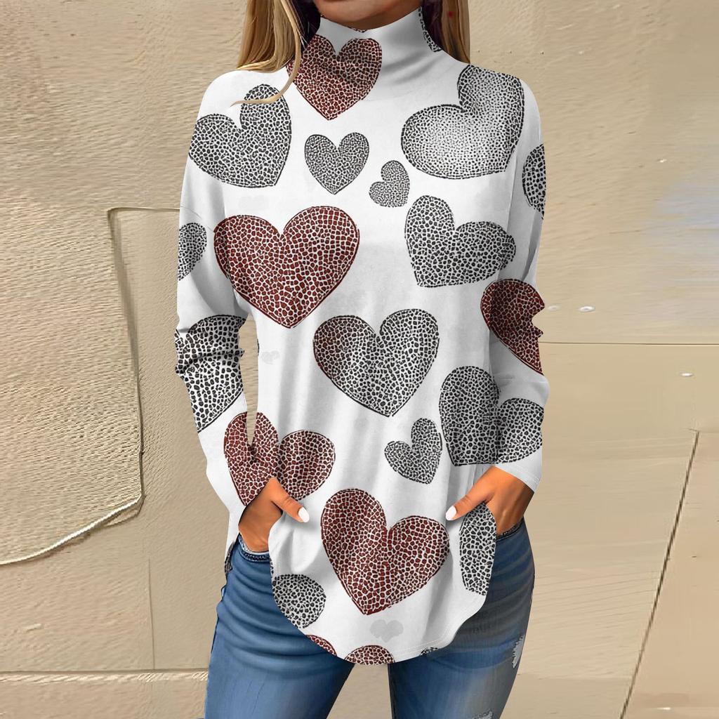 Футболки для женщин, осенние повседневные рубашки с длинным рукавом, толстовка с принтом, топ с высоким воротом, пуловер