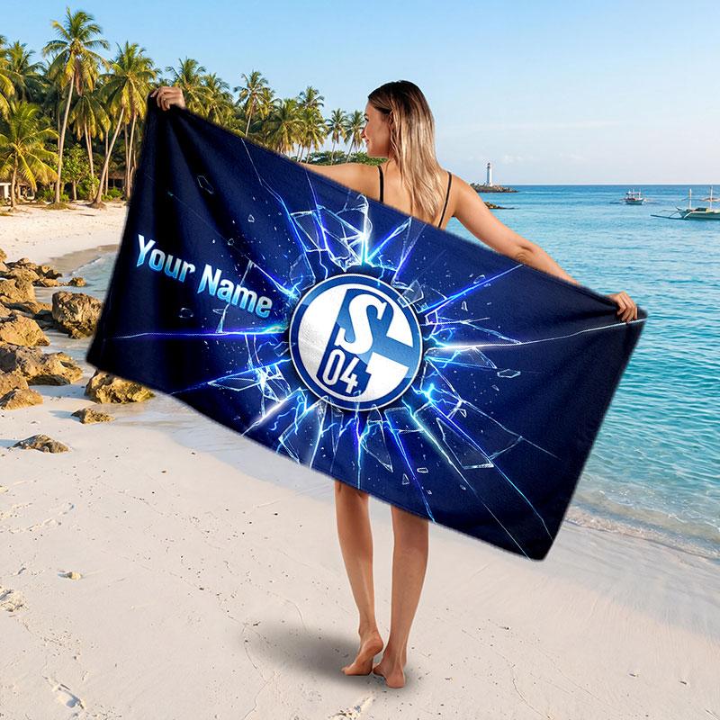Schalke 04 FC Custom Beach Towel, Personalized Name Text Print, Football Logo Soft Quick‑Dry Towel Holiday Gift