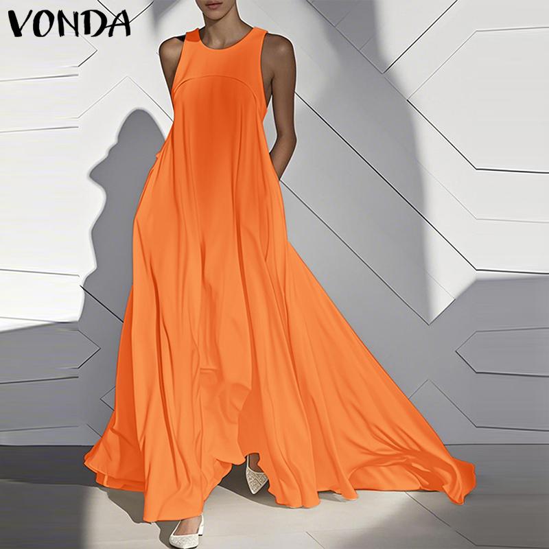 VONDA Летнее женское платье с круглым вырезом, без рукавов, однотонное, праздничное, пляжное, длинное, плиссированное