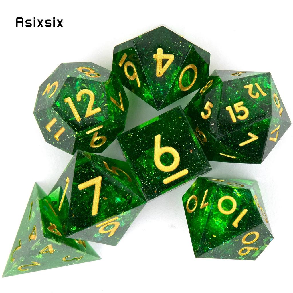 7 шт. зеленый золотой номер с острыми краями, смоляные кубики, многогранные кубики, подходящие для ролевых ролевых игр, настольная игра