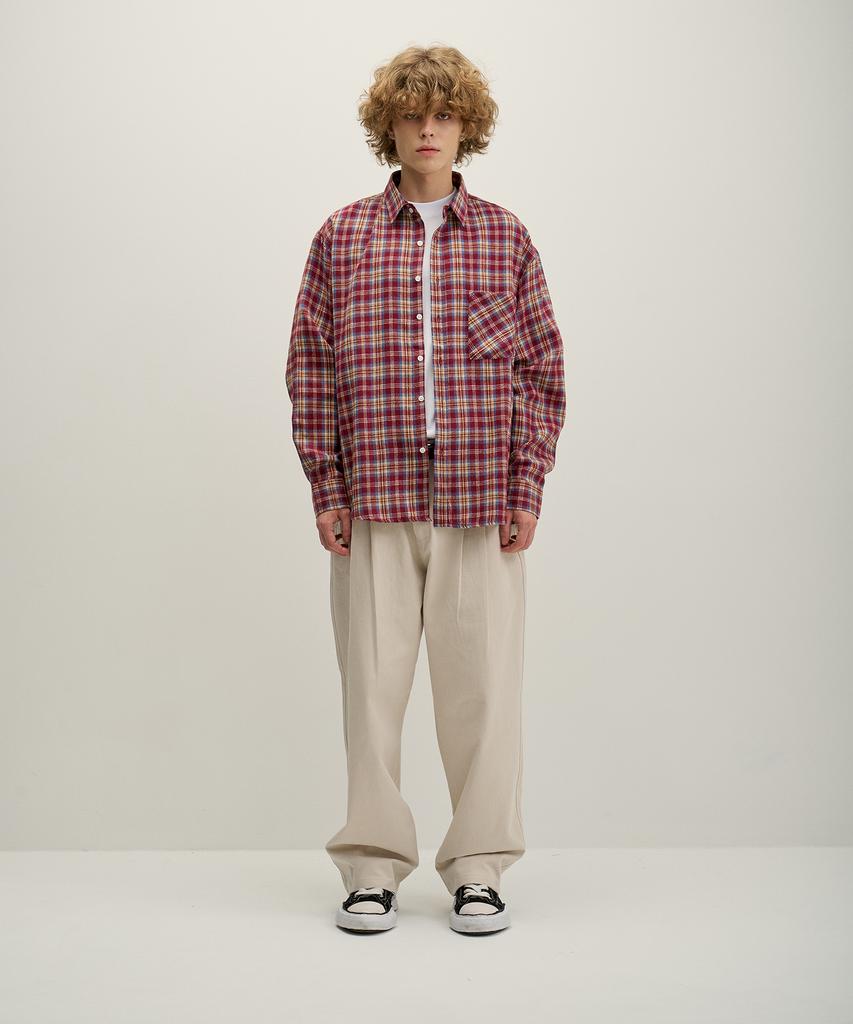 GNOK Flannel Check Pocket Long Sleeve Shirt [Burgundy]