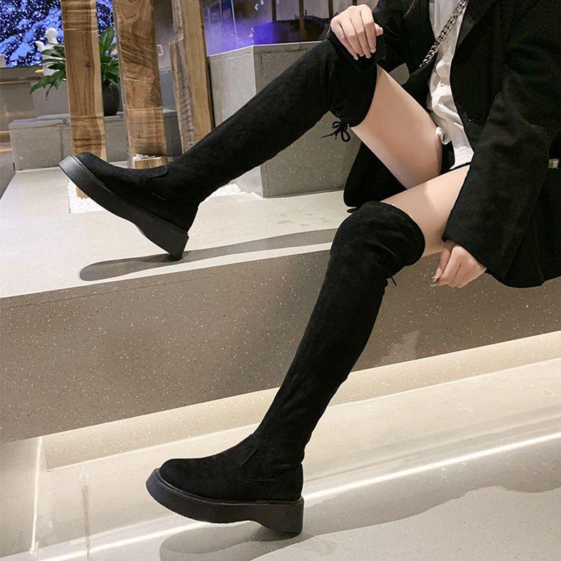 Shoes for Woman Above Over The Knee Women's Boots Round Toe Footwear Lace-up Thigh High with Laces Elastic Platform Spring 2024