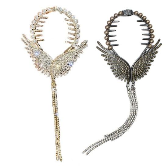 Lady Ponytail Claw Wings Shape Shiny Rhinestone Faux Pearl Long Tassel Multi Teeth Stainless Hair Decoration Lightweight Bridal Hair Bun Hair