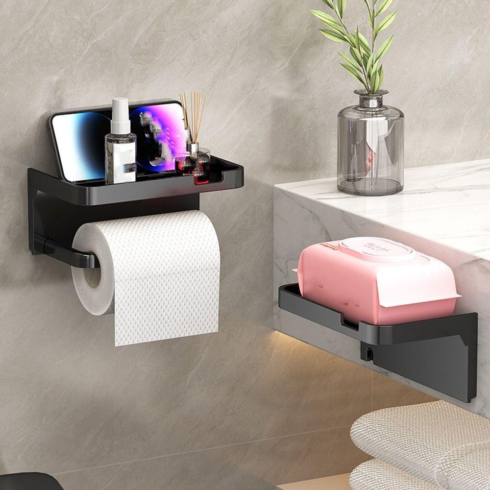 Wall Mounted Toilet Paper Holder Space Saving Storage Shelf No Drill Tissue Rack  Kitchen