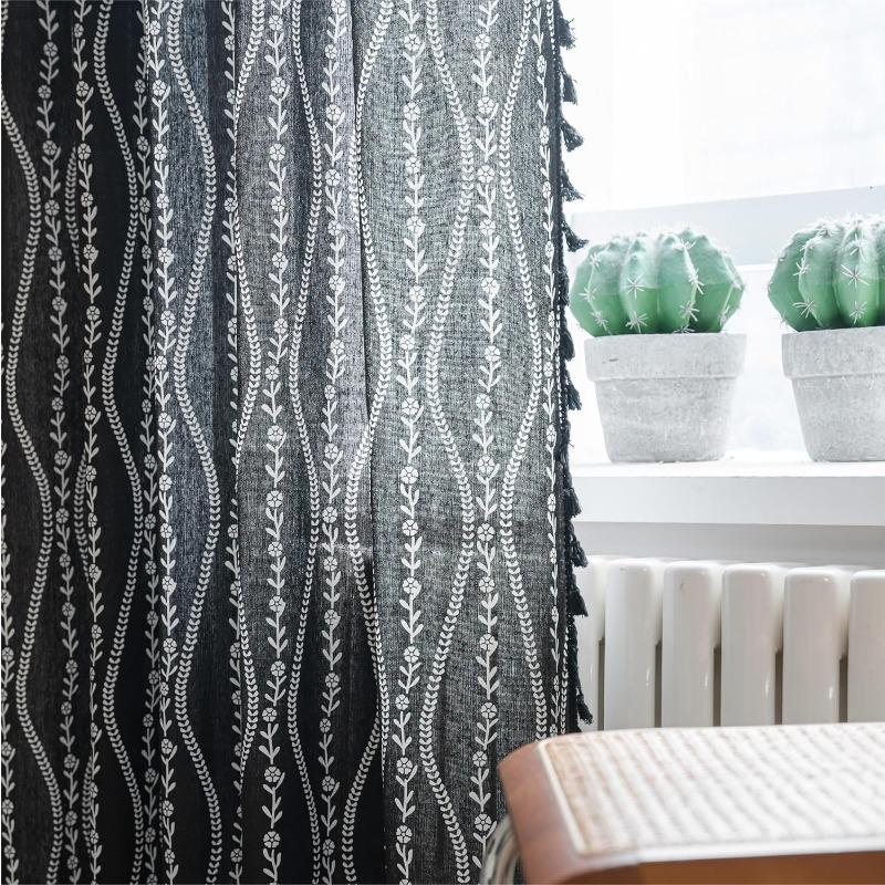 Полосатые Цветочные Бохо Шторы для Спальни Гостиной, Богемные Винтажные Кисточки Оконное Убранство Драпировка для Домашнего Декора Карман для Карниза, 1 шт.