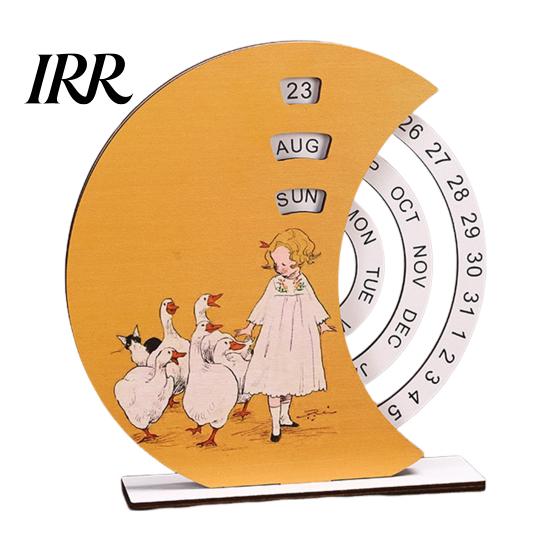 Childlike Girl Illustration Calendar Wooden Perpetual with Rotating Blocks Desktop Office Decor Desk Art Ornament Organizer Cute Motivational Gift for