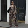 Summer Fashion New Elegant Women's Two Piece Set Loose Waist Leopard Pattern Robe High Waist Wide Leg Pants Two Piece Set