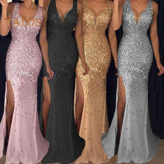 Женское вечернее платье с V-образным вырезом и сеткой в ​​стиле пэчворк без рукавов с разрезом в форме русалки Slim Fit для выпускного вечера, банкета, невесты, макси-платье