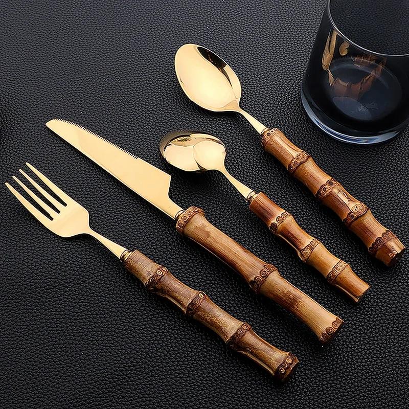 16pcs Cutlery Set Stainless Steel Natural Bamboo Handle Dinnerware Kitchen Flatware Includes Forks Spoons Knives Tableware