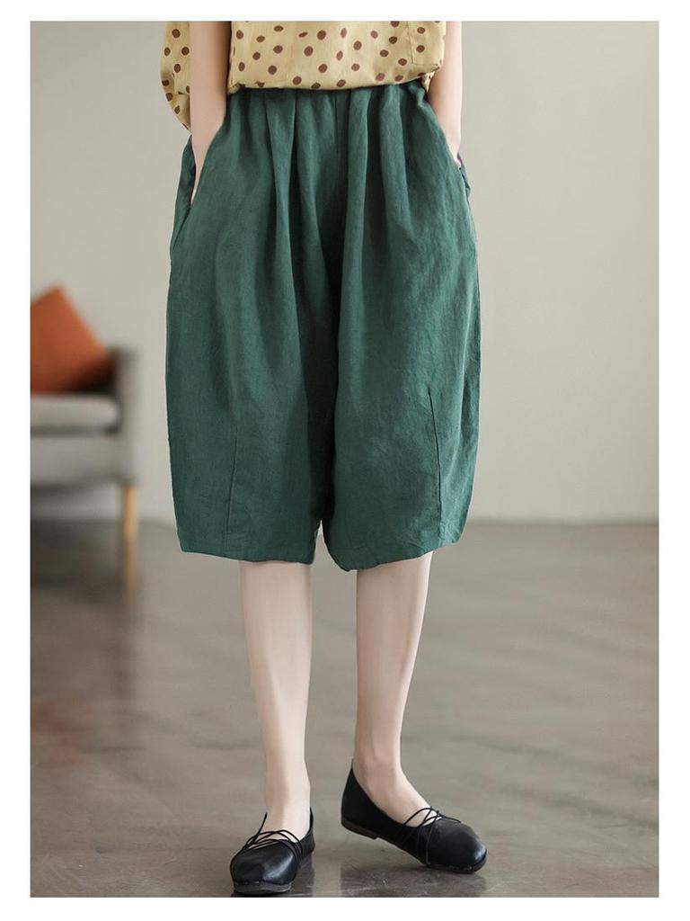 В наличии: Женские летние ретро хлопково-льняные брюки - Эластичная талия, Дизайн пять точек, Большой размер, Повседневный стиль