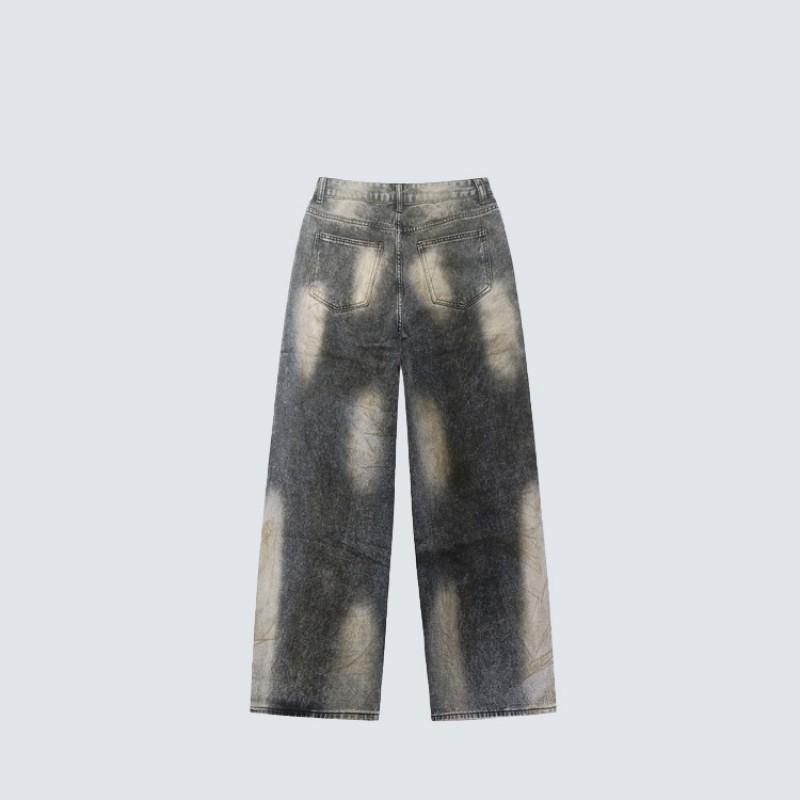 Unisex Wide Leg Denim Pants With Acid Wash Curved Seam Patchwork Relaxed Fit Streetwear Casual Wear