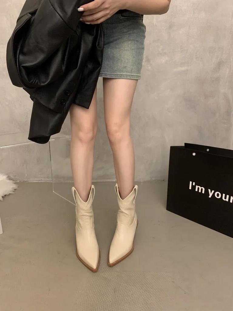 Обувь Женский бренд Slip-on женские сапоги Модные однотонные современные сапоги Женские сексуальные остроносые туфли на квадратном каблуке до середины икры Женские