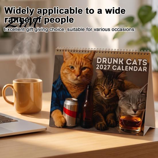 Cute Animal Calendar Gifts for Cat Lovers 2027 Drunk Cats Calendar, Funny Wall with 12 Creative Monthly Schedule Hilarious Drinking Illustration,