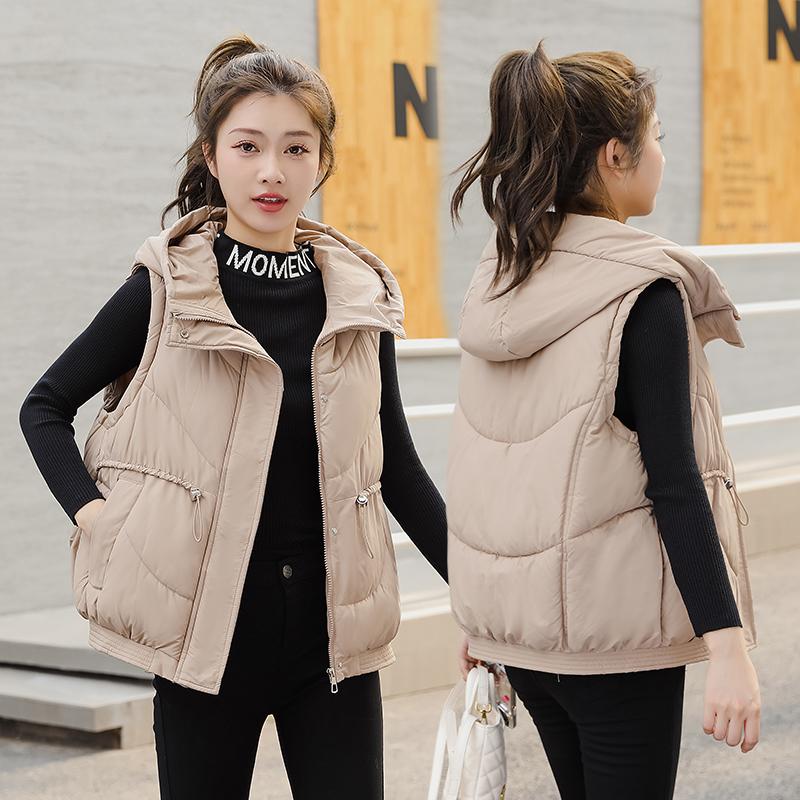 Women Autumn Winter Hooded Collar Sleeveless Solid Color Drawstring Warm Coat Vest