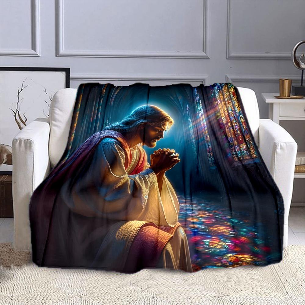 "Man Praying in Cathedral with Stained Glass" Patterned flannel blanket perfect for the bedroom living room, sofa, or a little nap