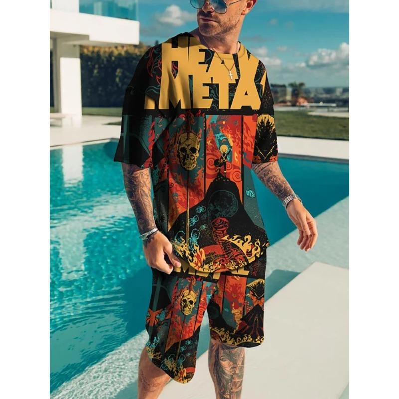 2025 Летний спортивный комплект из 2 предметов для мужчин, футболка с короткими рукавами и принтом в виде цветных блоков, шорты, комплект для бега, для улицы, для мужчин, светлый