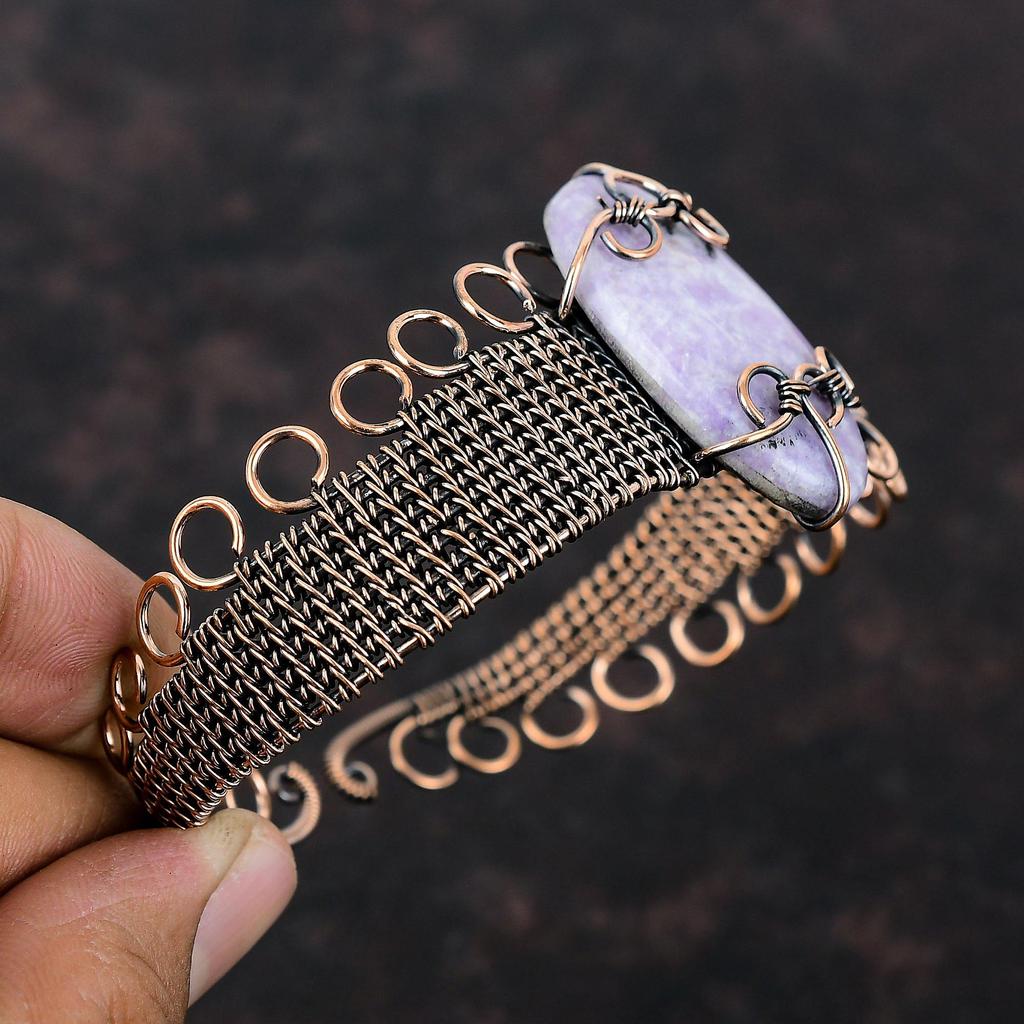 Браслет из лепидолита, обмотанный медной проволокой, регулируемый браслет-манжета, браслет из натурального драгоценного камня, украшение с медной проволочной обмоткой, браслет ручной работы, подарок для него