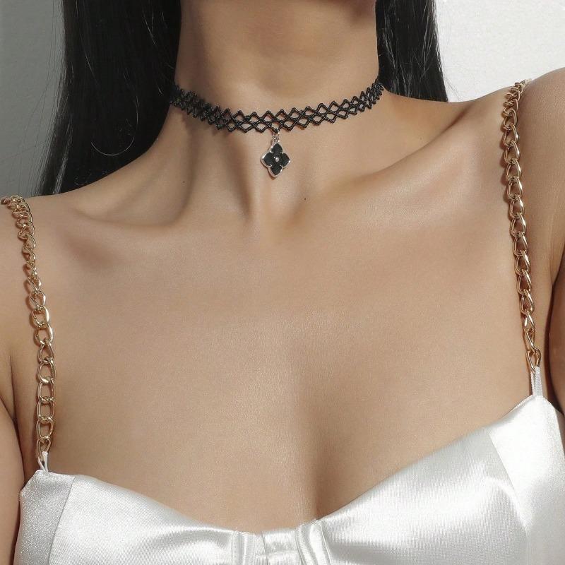 Аксессуары Черная кружевная цепочка на шею, Цепочка на ключицу Легкая роскошь Высокий класс, Ажурное ожерелье с бахромой в готическом стиле Женское