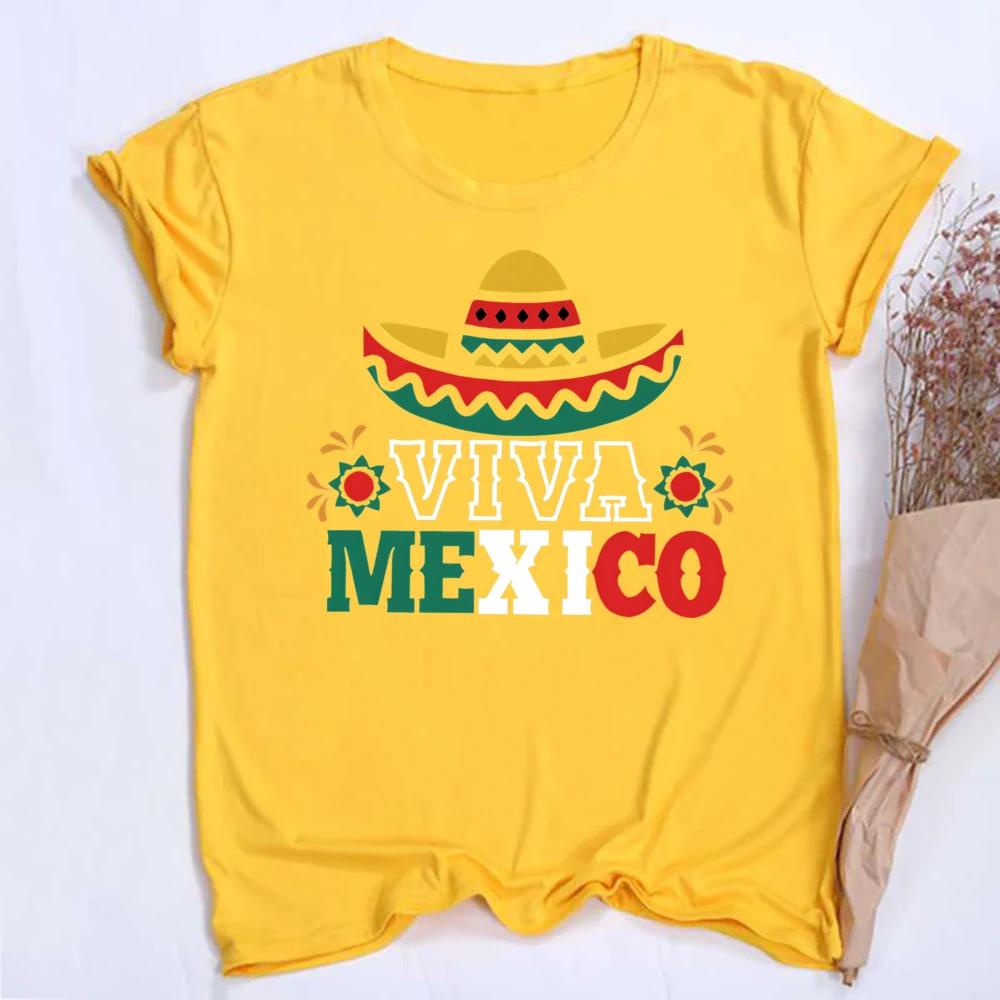 Viva Mexico Графический принт Футболка с круглым вырезом Женская футболка с графическим принтом Мексиканского флага Футболка на День Независимости Повседневная футболка Личность