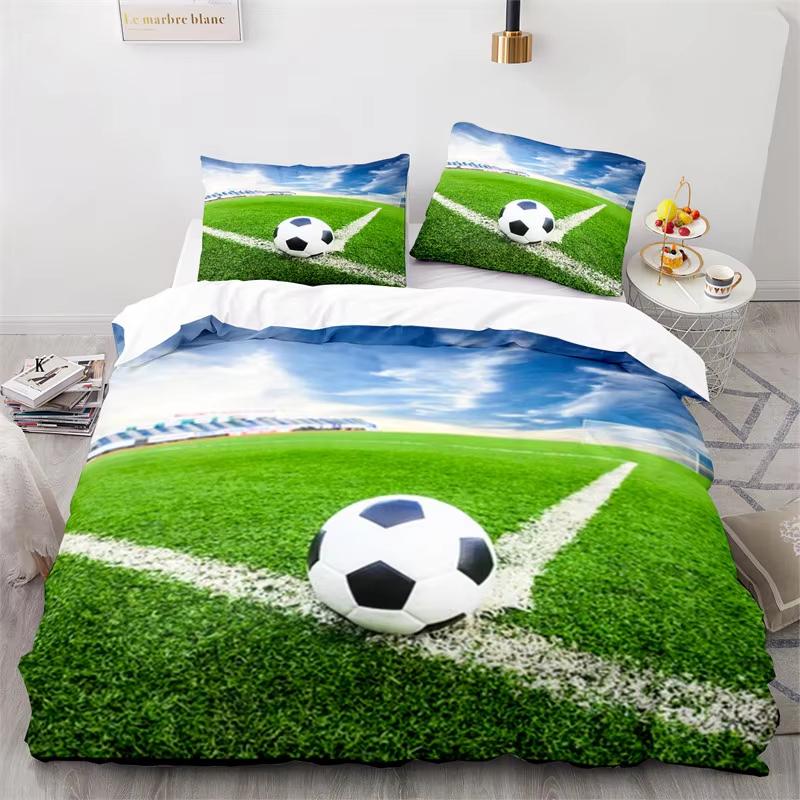 Sports Duvet Cover Set Microfiber Green Grass Field Soccer Playground Comforter Cover 3D Football Bedding Set King Queen Size