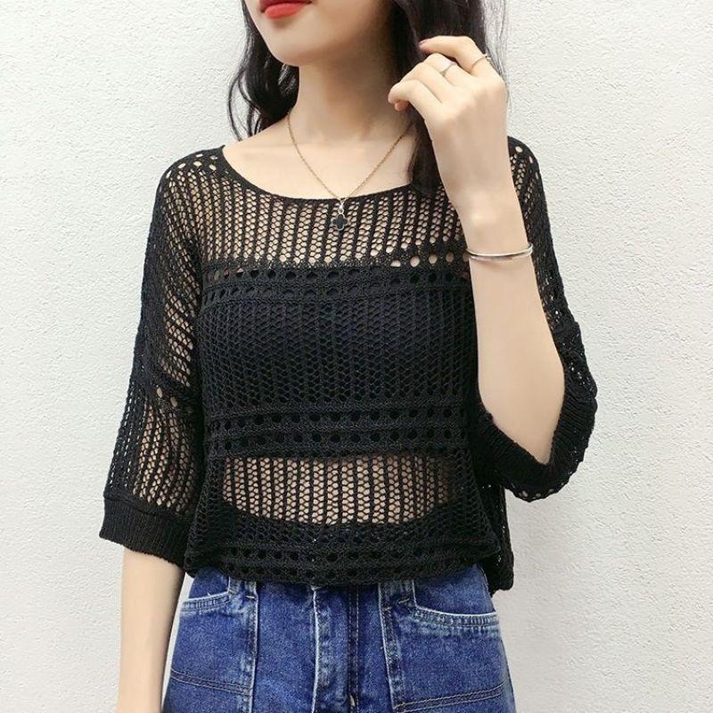 Female Hoodie Leisure, Elegant, Sexy Spring Hollow Round Neck Short Sleeve Knitted Top Summer Short-sleeved Hollowed Out Knit Shirt