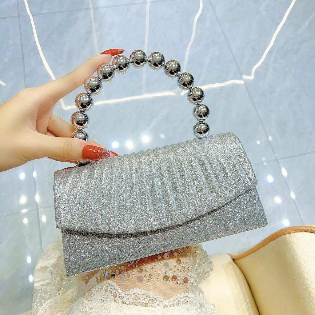 Sparkly Pleated Pearl Strand Clutch - Elegant Evening Bag