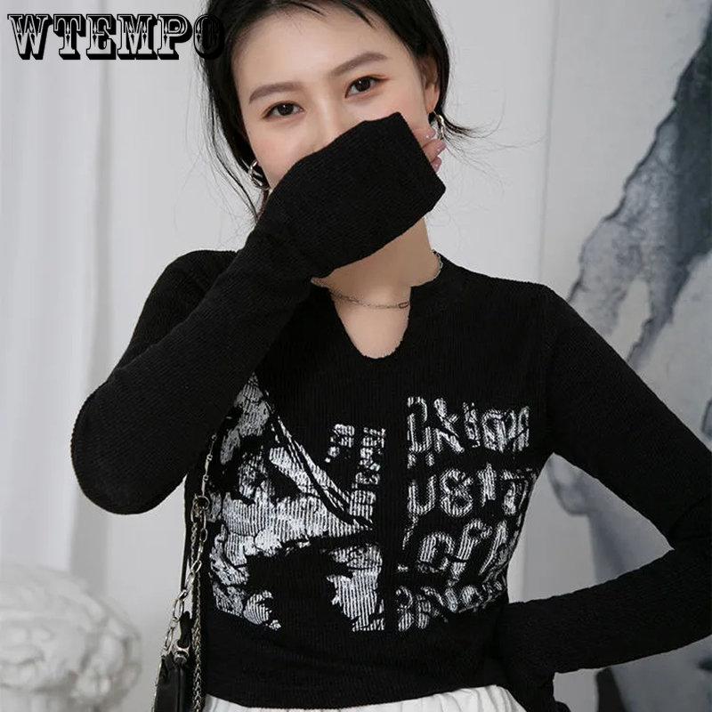 Ретро Harajuku гранж-футболки с графическим принтом и длинными рукавами, укороченные топы, шикарные женские винтажные облегающие корейские футболки