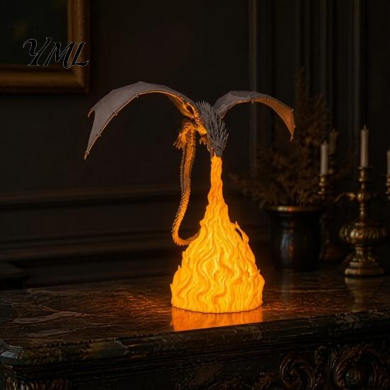 Creative Gift for Fantasy Lovers LED Dragon Flame Lamp, 3D Printed Flying Bookshelf Light, Office Desk Accessory Book Nook Light with Warm Glow