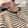 Полосатая нижняя рубашка для женщин, осень и зима, новый ретро-круглый вырез, свободная, облегающая, универсальная футболка с длинными рукавами, повседневный топ