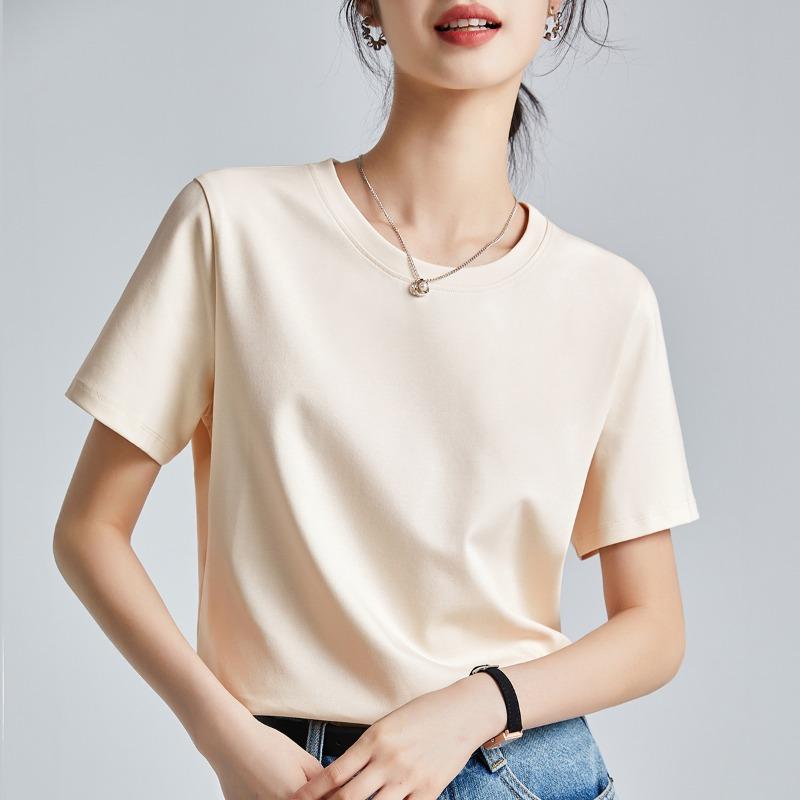 Mercerized Cotton T-shirt Women's High-quality New Loose and Thin Outer Wear Round Neck Liquid Ammonia Short-sleeved T-shirt Bottoming Shirt
