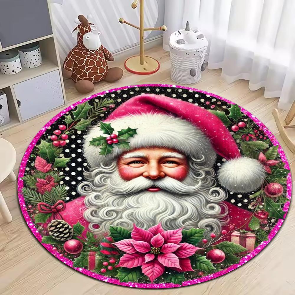 Christmas Ornaments Circle Rug Living Room Decor Sofa Rug Merry Christmas Santa Rudolph Riding Home Mat Festival Event Carpet