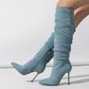 Женские новые модные высокие сапоги 2024 года с плиссированным дизайном в ковбойском стиле с острым носком, сексуальные зимние теплые сапоги на шпильке с высоким каблуком Botas Mujer