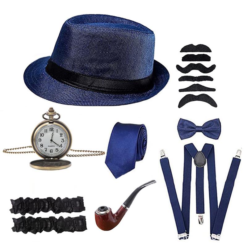 1Set 1920's Cosplay Costume Hat Pocket Watch Neck Tie Moustache Bowtie Gatsby Masquerade Accessories