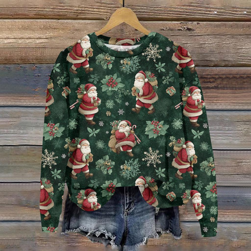 Women's Fashion Christmas Printed Long Sleeve Loose Round Neck Sweatshirt Top