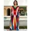 Women's Boho Style Cover Up, Plus Size Contrast Color V Neck Loose Fit Vacay Beach Kaftan Dress
