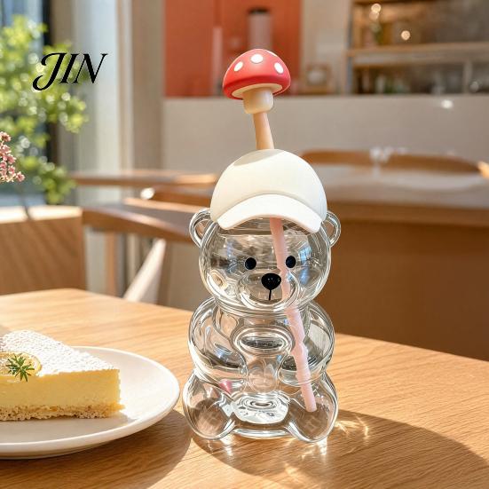 Cartoon Straw Heads Set Cute Bear Glass Cup with & Lid, 500/591ml Plastic/Glass Water Bottle for Baseball Cap Lid Cold/Hot Drinks, Pattern Coffee Mug