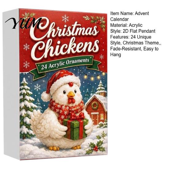 Unique Holiday Gift Box Christmas Chicken Advent Calendar 2026, 24 2D Acrylic Decorative Xmas Pendant Collection Ornaments, Cute Tree Decorations for