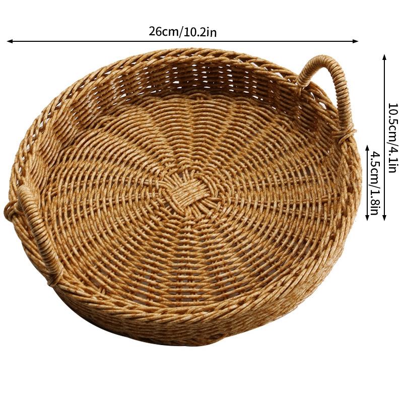 Storage Tray Round Rattan Woven Tray Fruit Breakfast Tea Storage Basket Desktop Sundries Organizer Bread Plates With Wood Handle