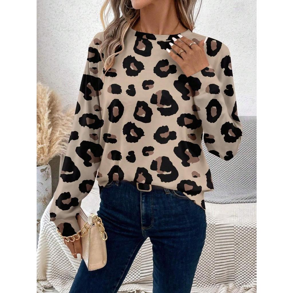 Женские толстовки с круглым вырезом, 3D-принтом с леопардовым узором, модные повседневные с длинным рукавом