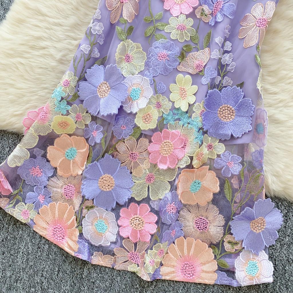 Элегантное цветочное вышитое О-образное платье в стиле винтаж с коротким рукавом и фонариком, шикарное облегающее платье-русалка, французская вечерняя женская одежда для улицы