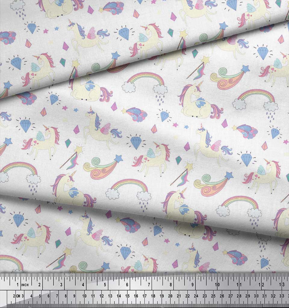 Soimoi Белая японская креп-сатиновая ткань, ткань с принтом радуги и единорога и животных по метрам, 42 дюйма