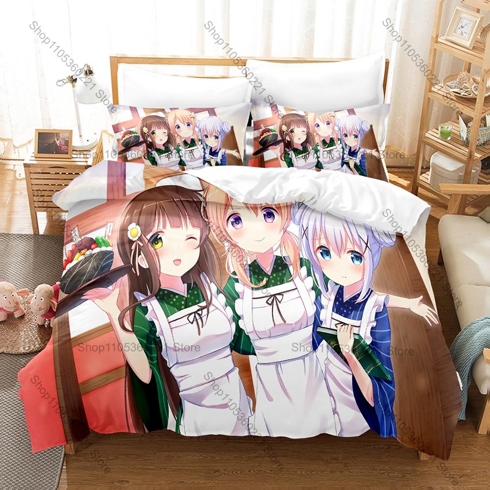 Is The Order A Rabbit Bedding Set Duvet Cover + 2 Pillowcases Cute Cafe Rabbit Girls Kawaii Slice of Life Anime Bedroom Decor