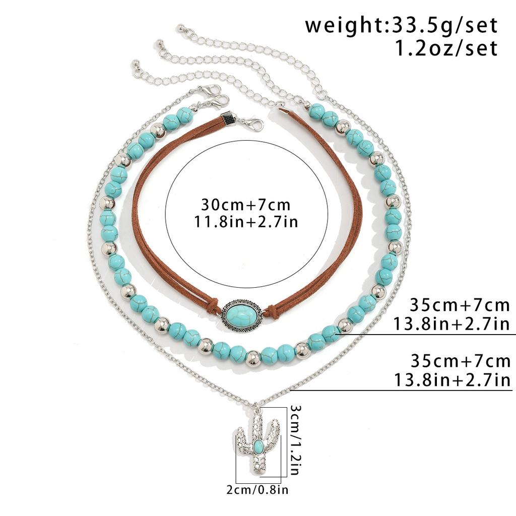 European and American Jewelry Retro Imitation Turquoise Sweater Chain Niche Beaded Necklace Set Ethnic Style Cactus Necklace Decoration