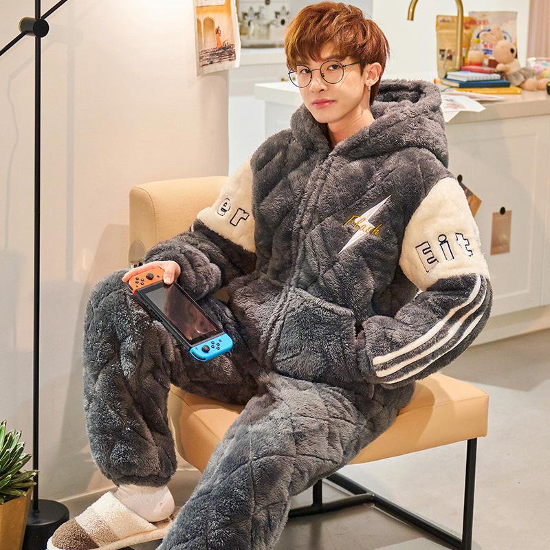 Men's Three-Layer Thickened Cotton Winter Pajamas - Warm, Simple, Luxury, and Suitable for Indoors and Outdoors.